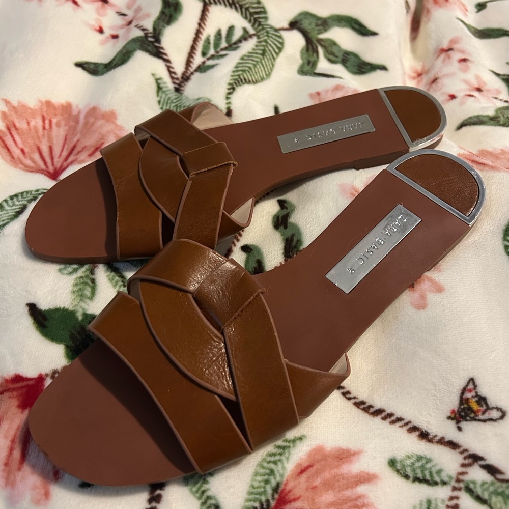 Zara Brown Leather Slide Sandals